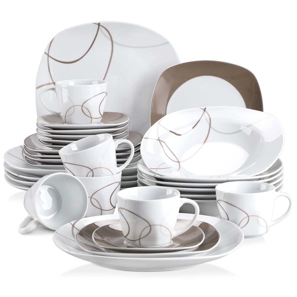 MALACASA Porcelain Dinnerware Set With Plates, Bowls, Cups And Saucers