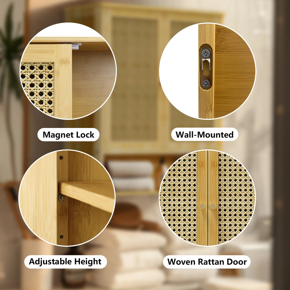Bamboo Bathroom Wall Cabinet With Three Shelves And Two Doors