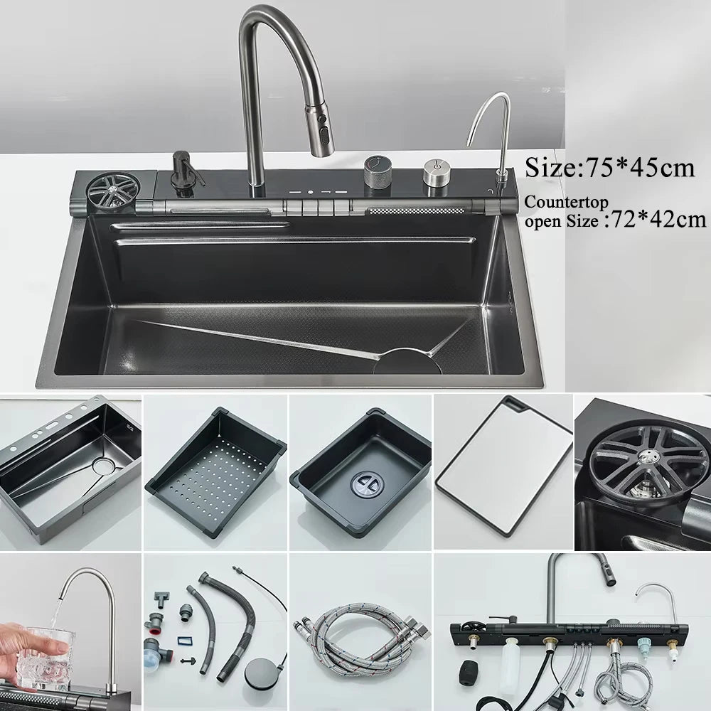 MYQualife Stainless Steel Waterfall Kitchen Sink With Digital Faucet Set
