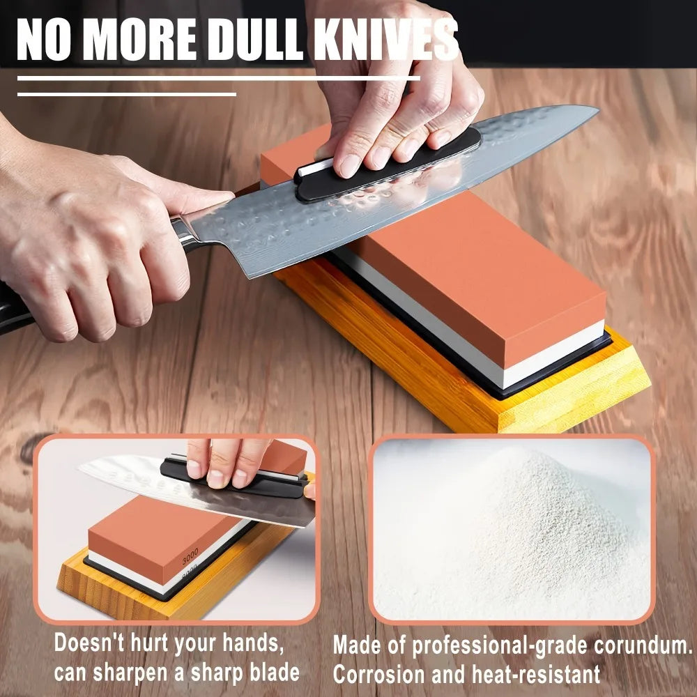 Professional Knife Sharpening Stone Set With Bamboo Base And Accessories
