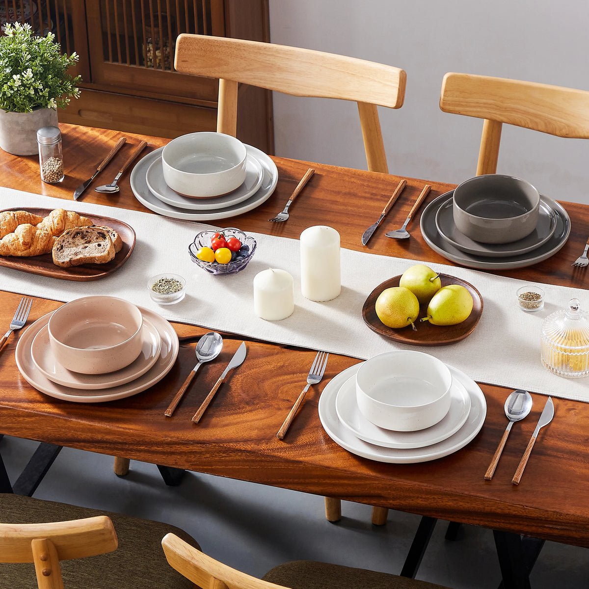 MALACASA TARA Stoneware Dinnerware Set With Curved Edge Design